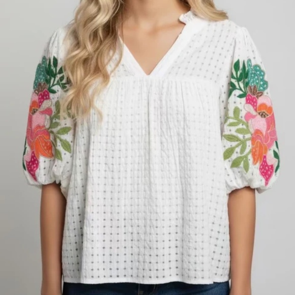 THML Tops - NWT THML White Floral Embroidered  Sleeve Top Blouse